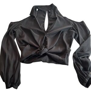 Bebe Black Crop Blouse- Small-Cold Shoulder Long‎ Sleeve Tie Front Blouse Top